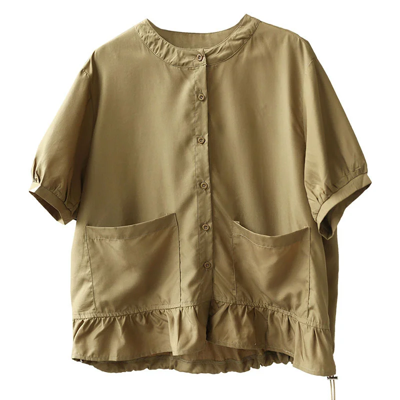 

SOUL OF TIGER Japan New Style 2021 Summer Tops Ladies Khaki O-Neck Shirts Women Casual Loose Blouses Female Oversized Clothes