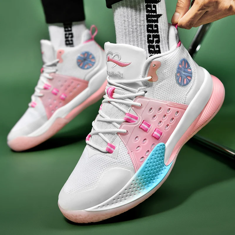 White Pink High-top Men's Professional Basketball Sneakers 2021 Unisex Anti-Shock Cushion Platform Baskets Shoes Womens Trainers