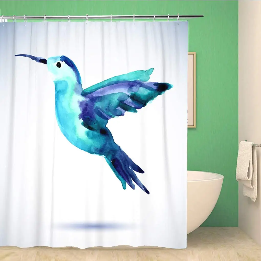 Занавеска для душа в ванную комнату птица колибри акварельная ручка с рисунком