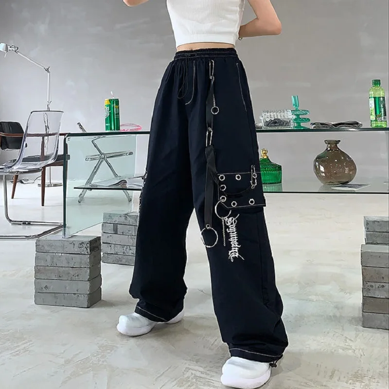 

QWEEK Gothic Harajuku Black Cargo Pants Women Chain Wide Leg Goth Hippie Streetwear White Trousers Loose Female Baggy Fashion