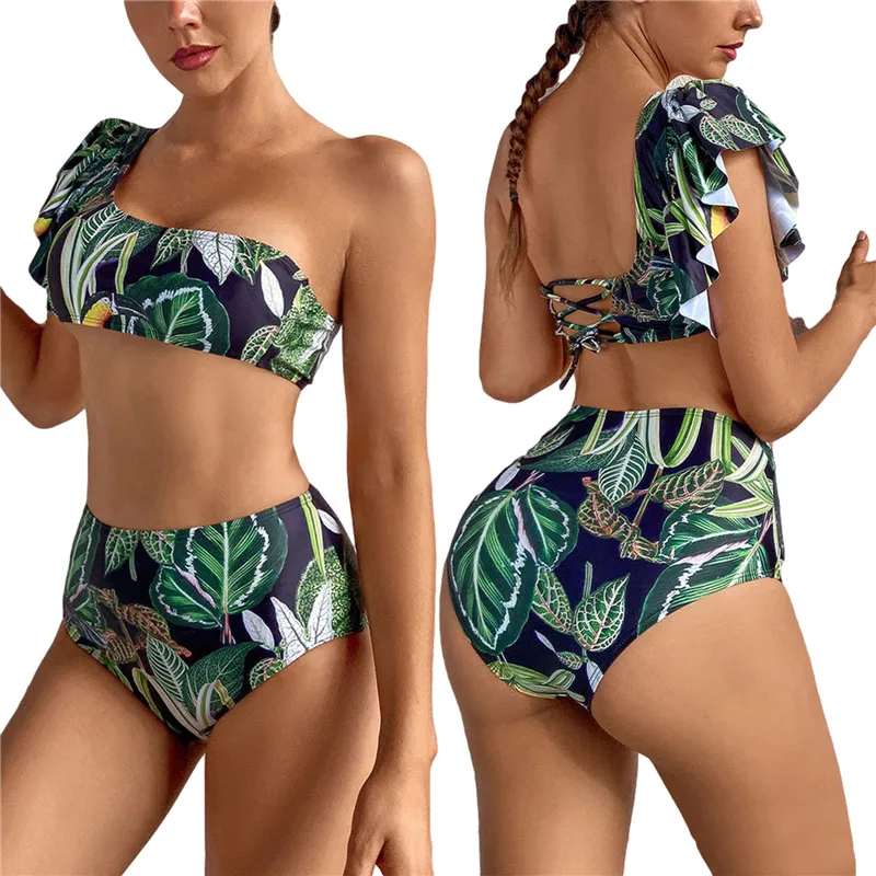 

Women Vacation Printed Bikini Suit Ruffled Single Shoulder Bustier Tops with High Waist Triangle Bottoms Swimming Suit For Women