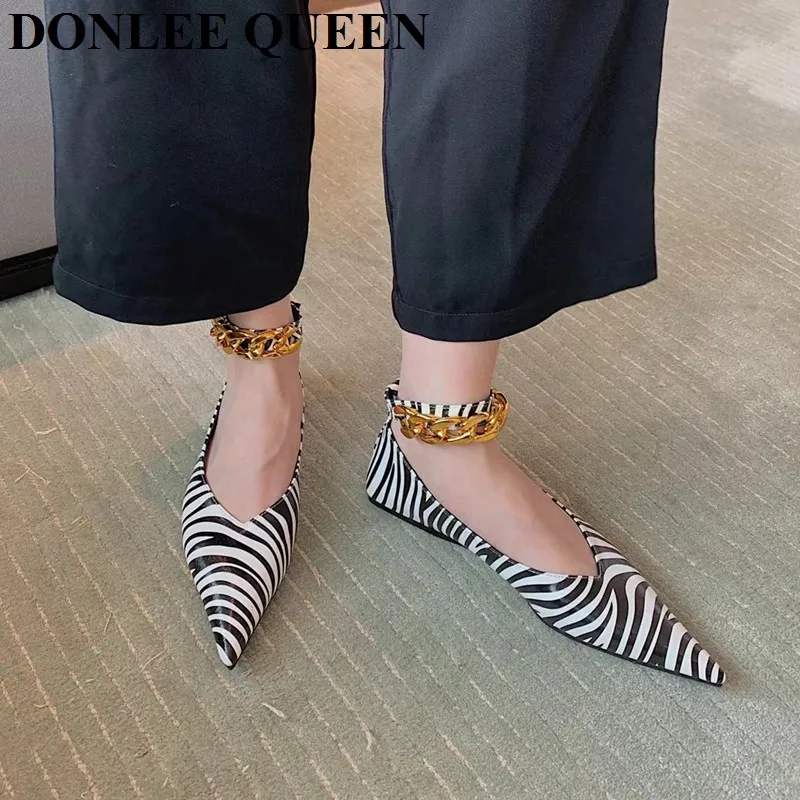 

Балетки женские с острым носком, брендовые туфли на плоской подошве, балетки с металлической цепочкой, без застежки, Zebra, мокасины