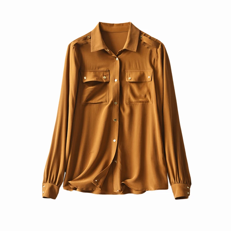 

SHUCHAN Real Silk Womens Shirts with Long Sleeve Pockets Turn-down Collar Office Lady Chiffon Solid Button Up Tops