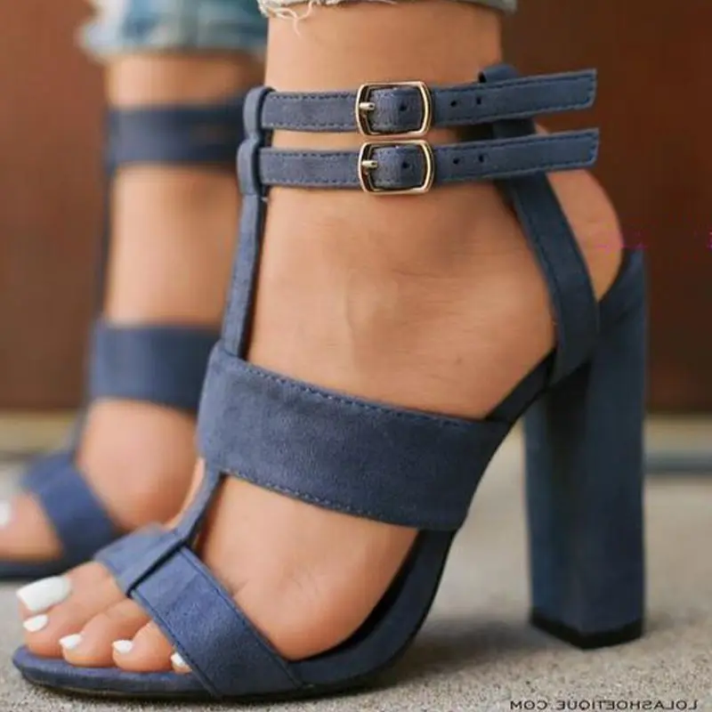 Thick Heel Buckle Strap Sandals Ankle Peep Toe Gladiator Blue Suede High Heel Sandals Summer New Fashion Women Shoes