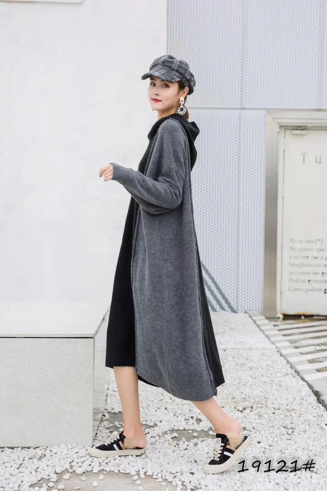 Зимнее женское платье свитер QING MO 2019 с капюшоном цветное повседневное свободное