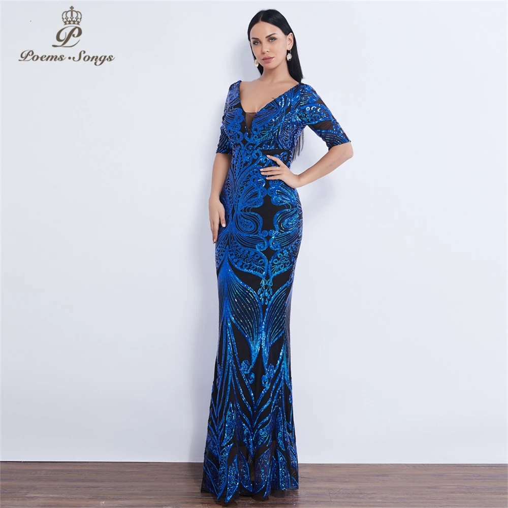 Half sleeve Butterfly style Sequin Evening dress vestido de festa formal mermaid vestido de noche robe de soiree prom dress