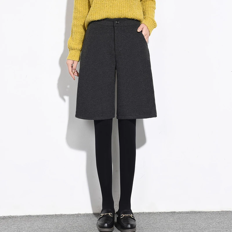 Wide Leg Half Long High Waist Women Shorts Autumn Winter Fashion All-match Wool Shorts Female Casual Black Gray Woolen Shorts