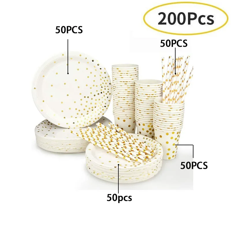 200pcs Golden set 2 200 шт одноразовые столовые приборы в Золотой горошек, набор для свадебной вечеринки, бумажные тарелки и стаканы из золотой металлической фольги, обеденные тарелки, десертный поднос для кухни - Цвет: 200pcs Golden set 2