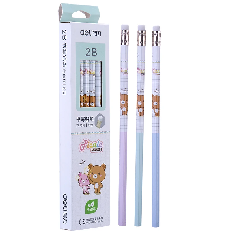 

12pcs / box Deli 58132, cartoon cute, advanced log graphite 2B rubber pencil, non-toxic pencil, student office stationery