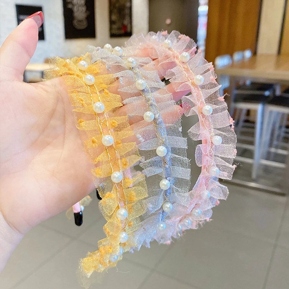 

Fashion Hair Band For Girls Wide-Brimmed Headdress Net Yarn Pearl Hair Hoop Cute Girl Hair Band Fold Headband Bezel Headwear