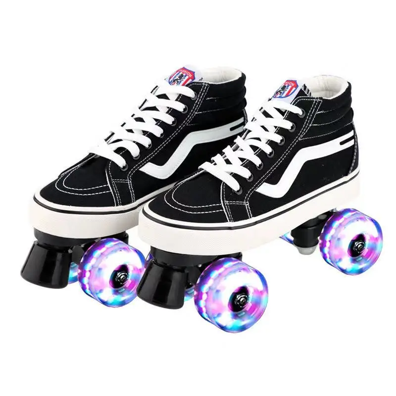 

Professional Adult Quad Skates Double Row Roller Skates Unisex Canvas Shoes For Lovers Two Line Flashing Wheels Patines