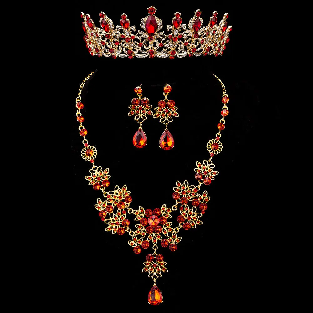 3PCS Set Red KMVEXO 3 шт великолепные наборы свадебных ювелирных изделий из кристаллов ожерелья со стразами серьги Корона тиары африканские бусины комплект ювелирных изделий «Дубай» - Окраска металла: 3PCS Set Red