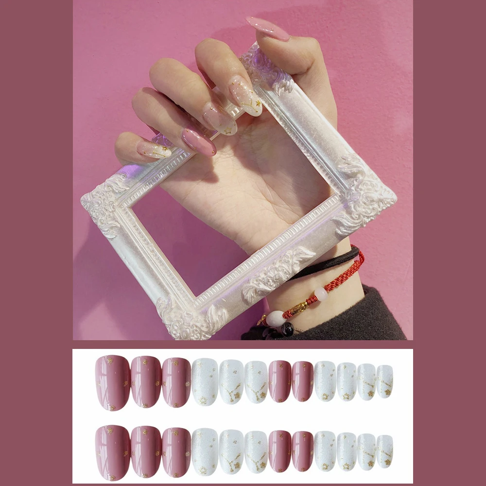 24Pcs Artificial Fake Nail Press on Full Cover Nails Tips Pink Shiny False Short Extension Jelly Removable For Reuse | Красота и