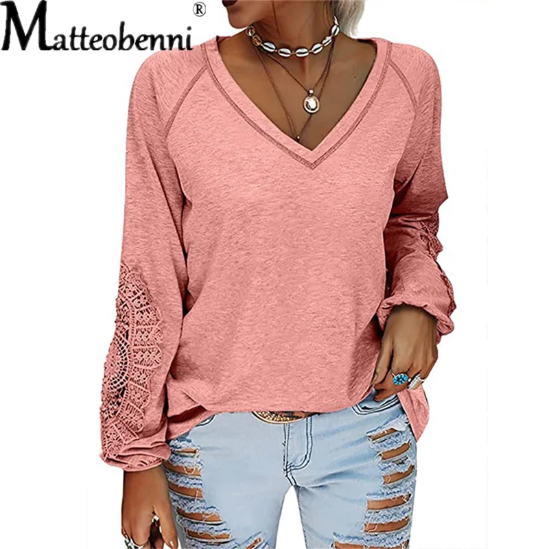 

Women Sexy Lace Patchwork Lantern Long Sleeve T-Shirt V Neck Solid Color Tops 2021 Autumn Fashion Vintage Casual Loose T Shirts