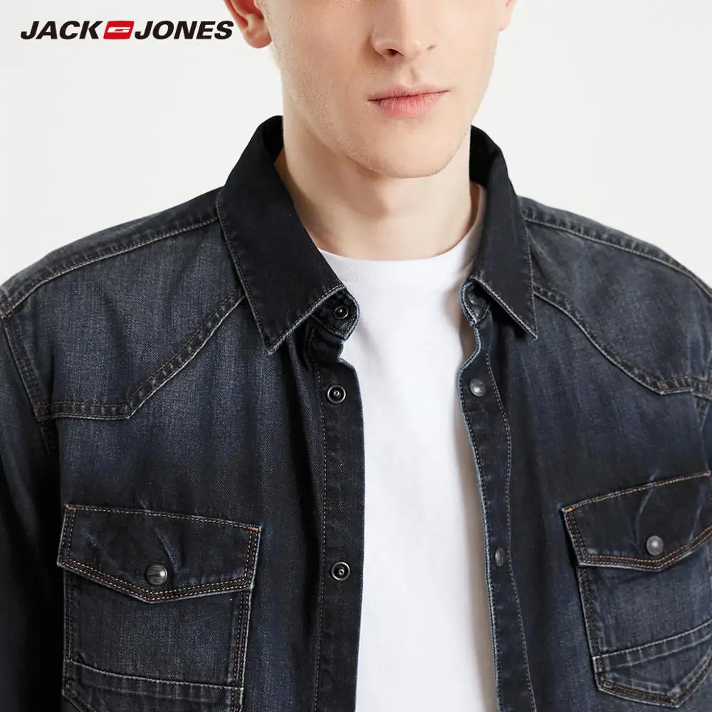 Мужская джинсовая рубашка JackJones модная повседневная из 100% хлопка с длинными