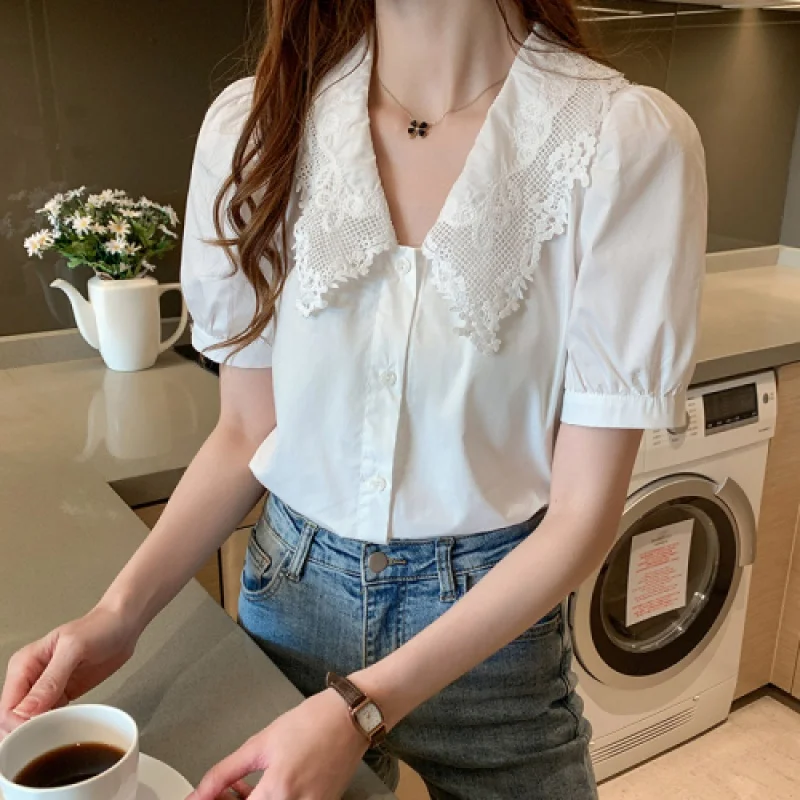 Женская винтажная блузка с воротником Питер Пэн и коротким рукавом | одежда