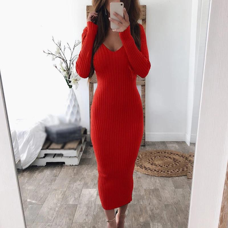 Женское платье сексуальное с глубоким v образным вырезом длинным рукавом