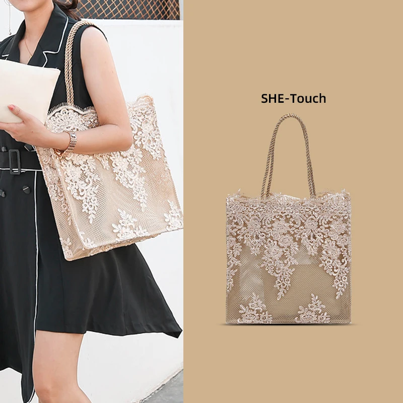 

Lady's Tote Shoulder Bag In Lace, Mesh See-through, With Inner Bag, Elegant Fashion, Two Sizes, Shopping Handbag, Beach Bag 2021