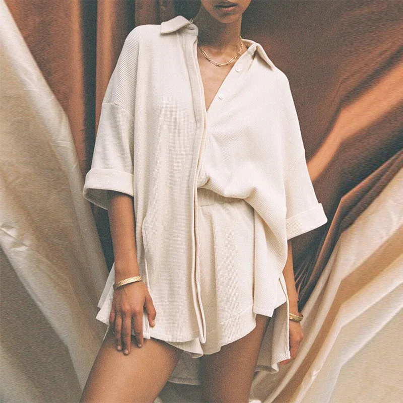 

Casual Loose Lapel Single Breasted Tops And Shorts Sets 2 Piece Sets Solid Cardigan Tops And Short Pants Fashion Femme Tracksuit