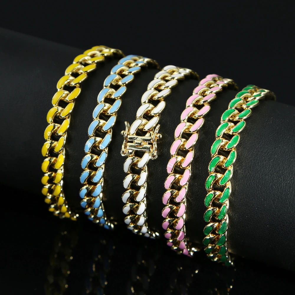 

Summer hot selling fashion neon enamel bracelet for women colorful jewelry iced out miami cuban tennis chain boho bangle 8mm