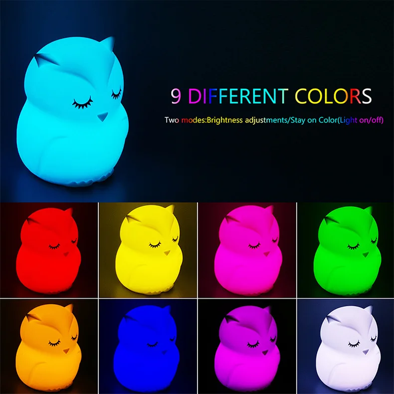 

USB Rechargeable Owl LED Silicone Night Lights Touch Sensor Bedroom Bedside Lamp with Remote 9 Colors Dimmable Timer for Kids