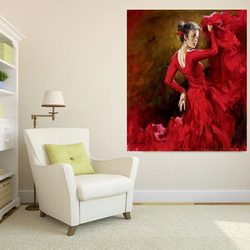 Ручная роспись маслом на холсте Испанский танцор фламенко картина малиновый