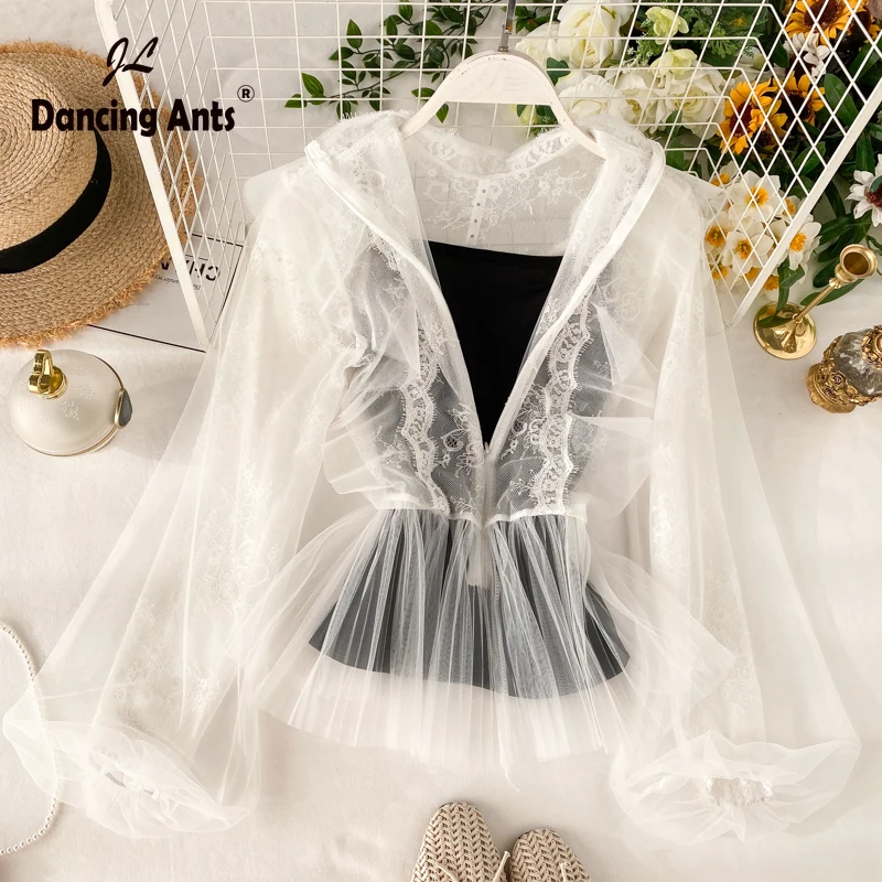 Женская кружевная Облегающая рубашка с длинным рукавом фонариком сетчатая