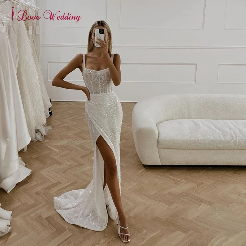 Женское свадебное платье с блестками It's yiiya белое высоким разрезом сзади и на