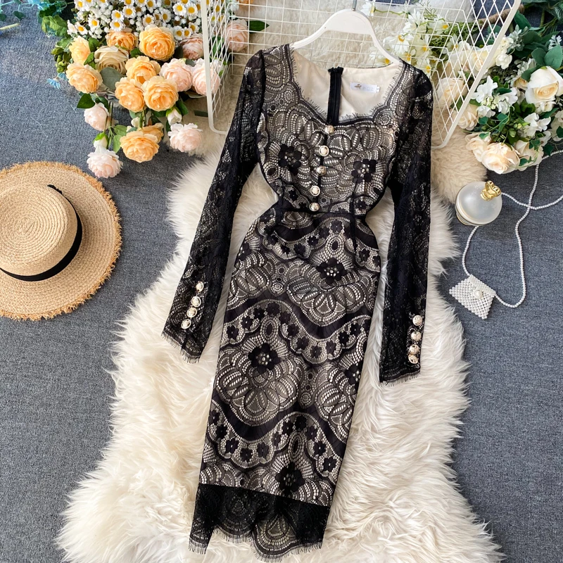 Женское весеннее платье с длинным рукавом и кружевом облегающее новинка 2020
