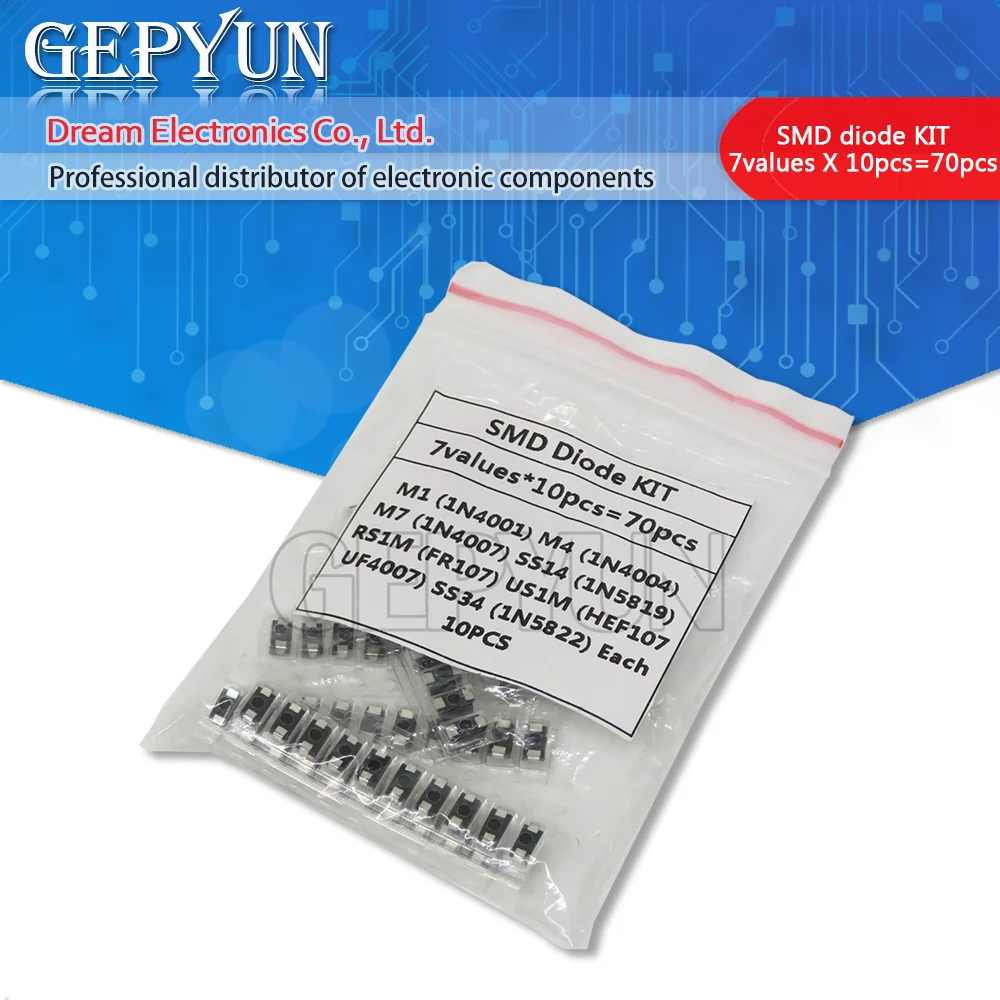 Набор диодов SMD 7 видов * 10 шт. = 70 шт./лот/M1 (1N4001) / M4 (1N4004) M7 (1N4007)/ SS14 US1M RS1M SS34 - купить по