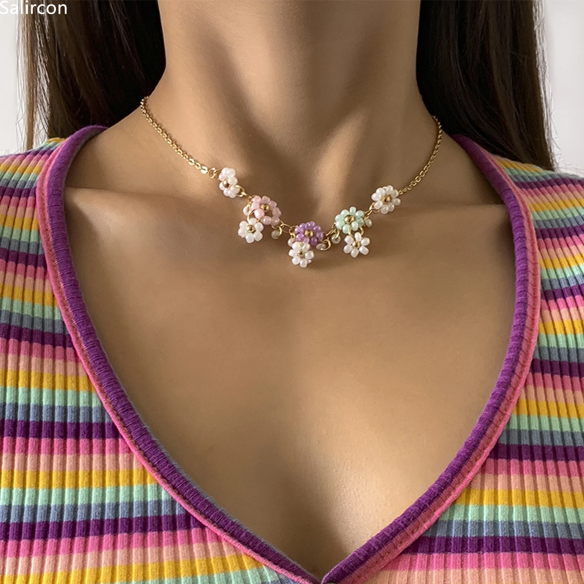 

Korean Fashion Sweet Cute Rainbow Colors Flowers Pendant Necklace For Women Clavicle Chain Choker Necklace Aesthetic Jewelry