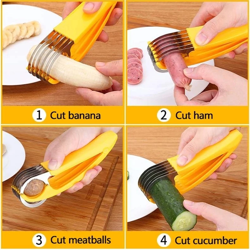 

Creative Banana Slicer Cutter Chopper and Grater Cucumber Cutter Tool for Kitchen Fruit Peeler Salad Scissor Sausage Knife 2021