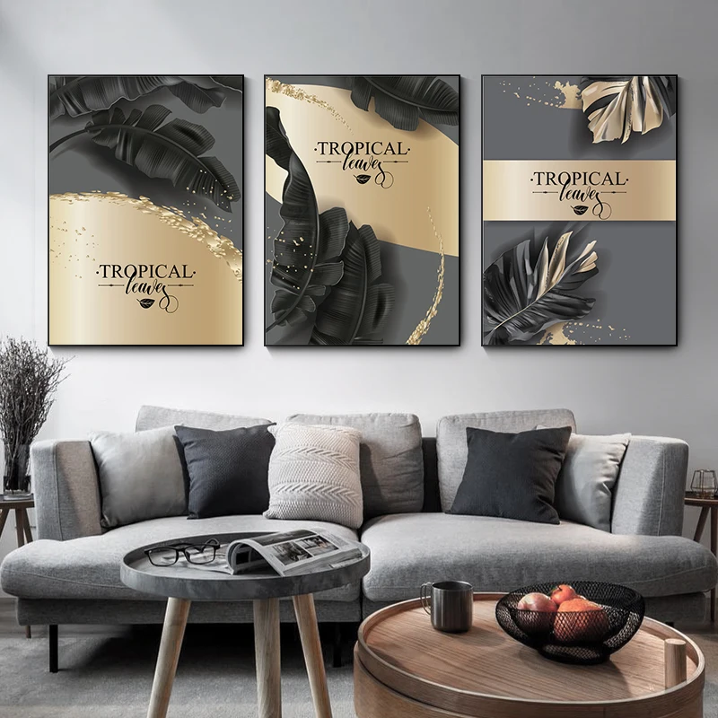 

Nordic Black Golden Tropical Leaves Picture Wall Poster Art Mural Abstract Poster Picture for European Classical Room Decoration