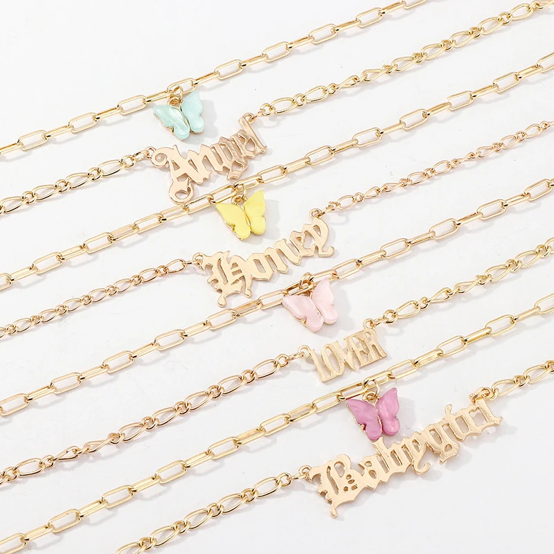 

Acrylic Letter Necklace For Girls Butterfly Angel Pendant Unique Sweet Pink Korean Elegant Choker Multilayer Jewelry Sets
