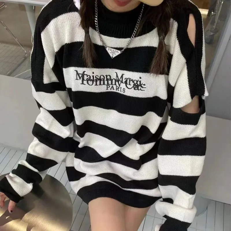 

2021 new Women Sweater Pullovers Autumn Winter Streetwear Embroidered Letters Stripes Casual Loose Couple Clothes Korean Top ins