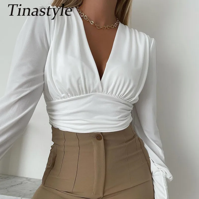 

Tinastyle White V Neck Pleated Sexy T Shirt Women Crop Top Long Lantern Sleeve Slim Short Y2K Top Shirts Casual Streetwear