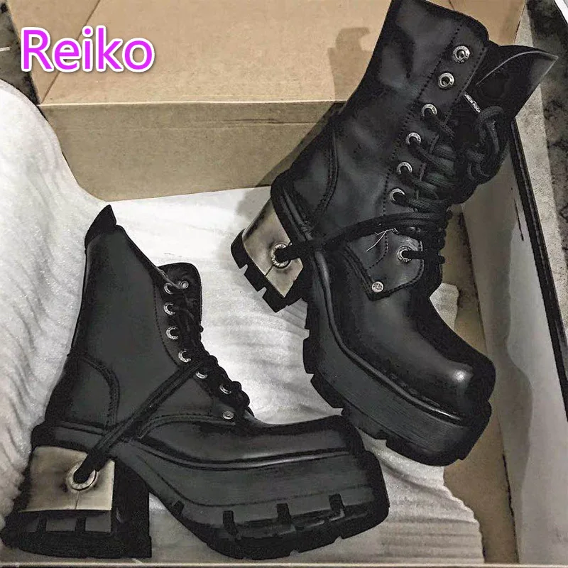 

Dark motorcycle short boots thick-soled thick-heeled Martin boots retro punk lace-up metal high-heel lace-up women's boots