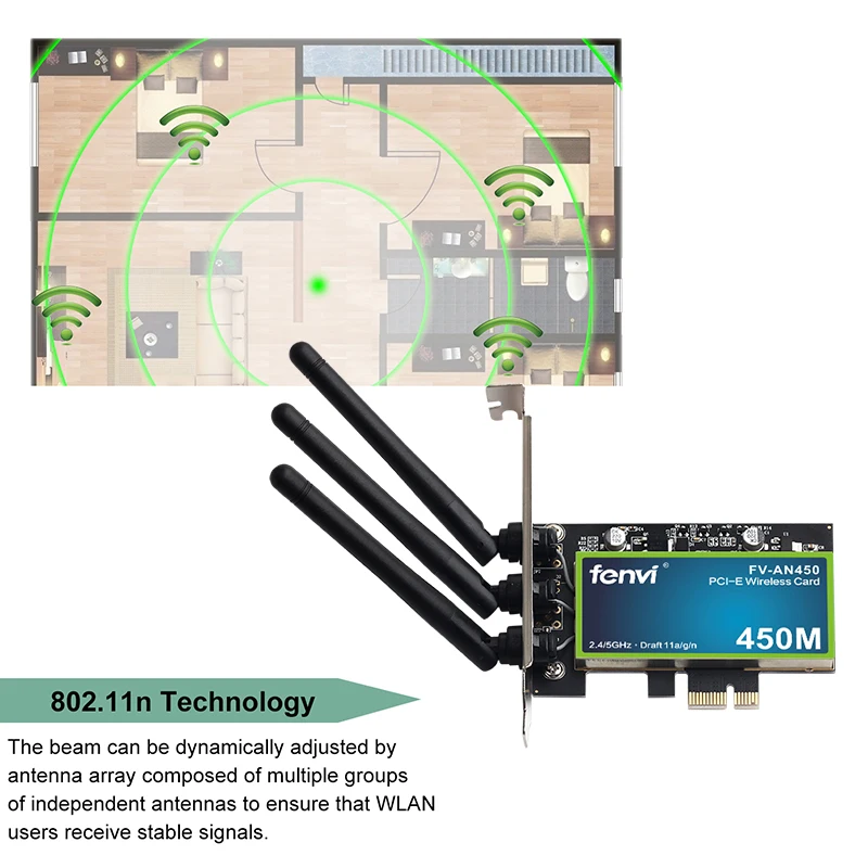 Двухдиапазонный PCI Express адаптер сети с тремя антеннами для настольного компьютера, скорость до 450 Мбит/с, поддержка Wi-Fi 2.4 ГГц/5 ГГц, стандарт 802.11a/b/g.