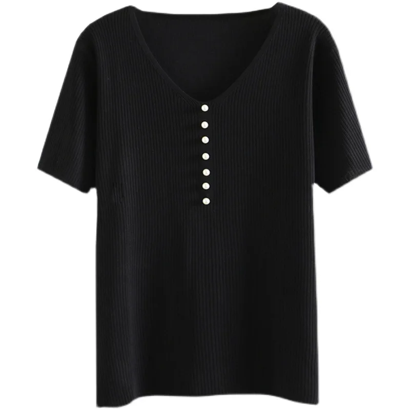 

Women's Clothing T-Shirts Plus Size Summer The New 2021 Show Thin Loose Tees V Neck Ice Silk Knitted Tops With Short Sleeves