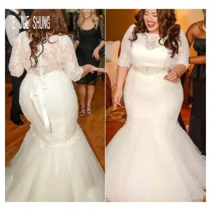 Женское свадебное платье-Русалка E JUE SHUNG, кружевное платье с полурукавом и глубоким круглым вырезом, свадебное платье на пуговицах