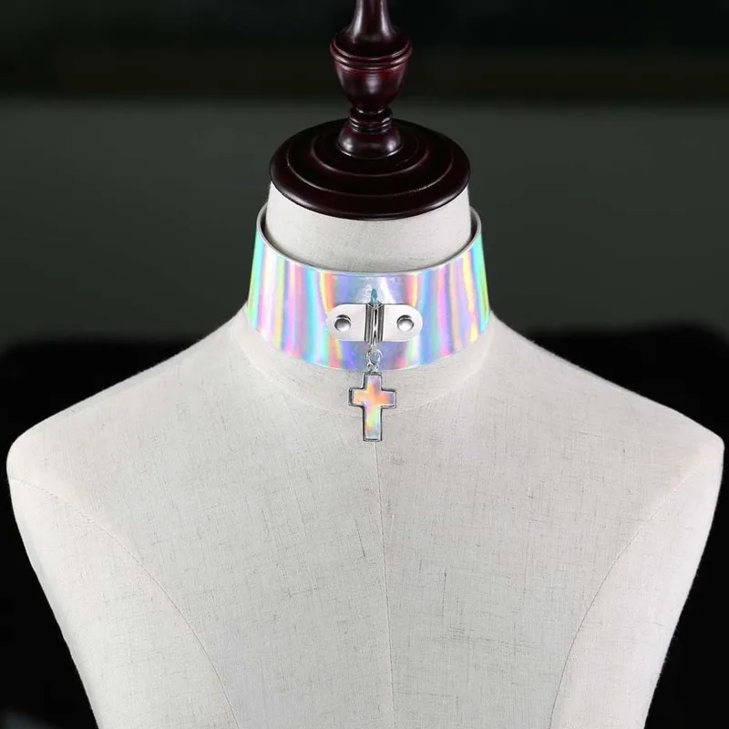 

Chic Fashion Cross Necklaces Laser Luminous Pendant PU Leather Choker Necklace For Women Punk Party Jewelry Wholesale