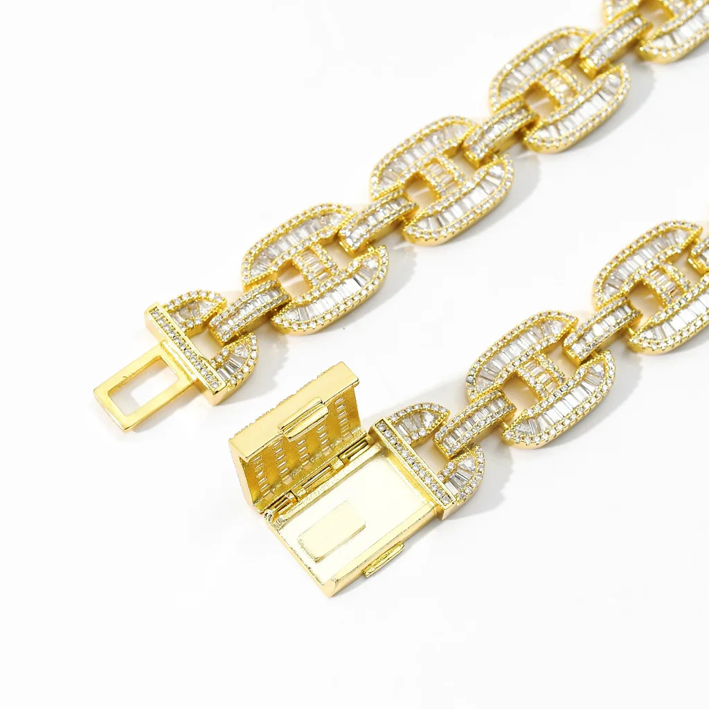 

Hip Hop Iced Out Miami Baguette 16MM Big Box Clasp Cuban Necklaces 14K Real Gold Plated Cubic AAA+ Zirconia Necklace for Men's