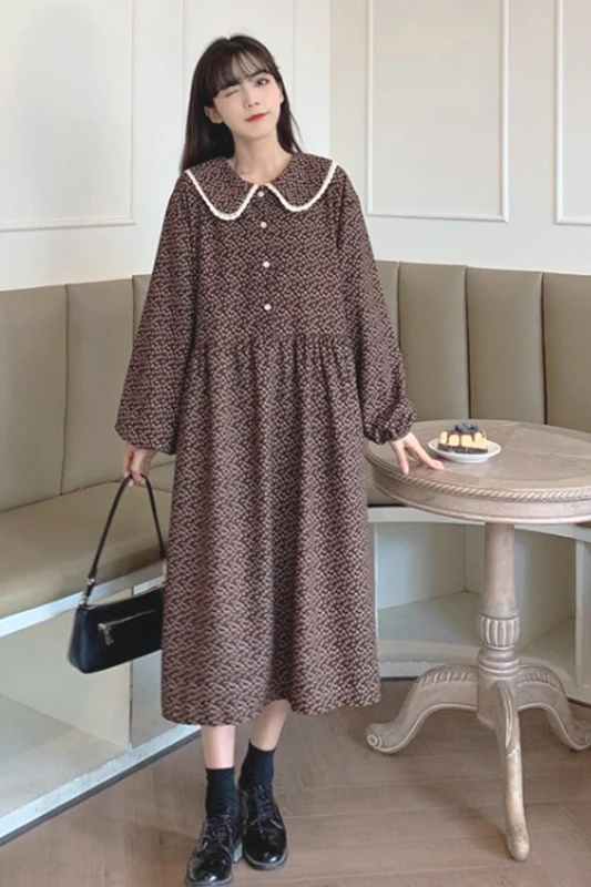 

Korean Style Retro Peter Pan Collar Slimming Inner Thickened Long Sleeve Floral Dress for Women 2021 New sweet lolita dress