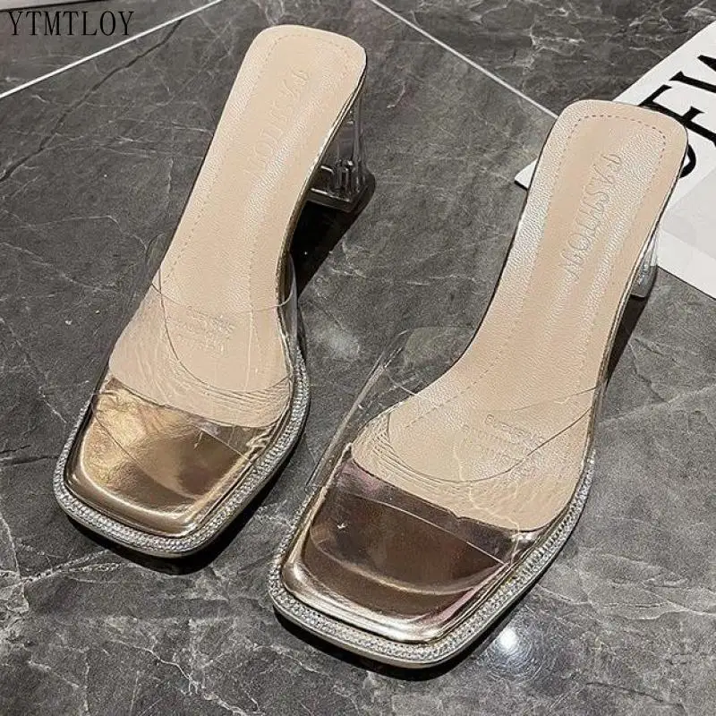 Шлепанцы женские прозрачные на высоком каблуке сандалии с открытым носком