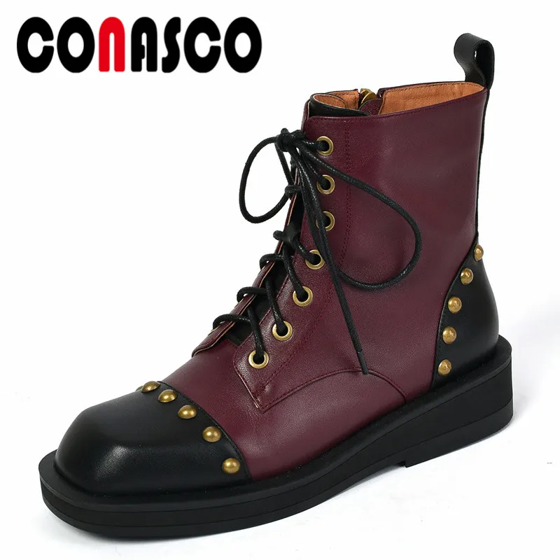 

CONASCO Retro Design Punk Women Short Boots Autumn Winter Warm Cow Leather Casual Prom Office Rivets Motorcycle Shoes Woman