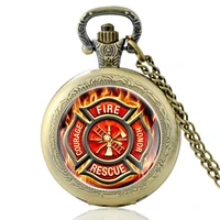 bronze classic fire rescue control glass cabochon quartz pocket watch vintage men women pendant necklace watches gifts