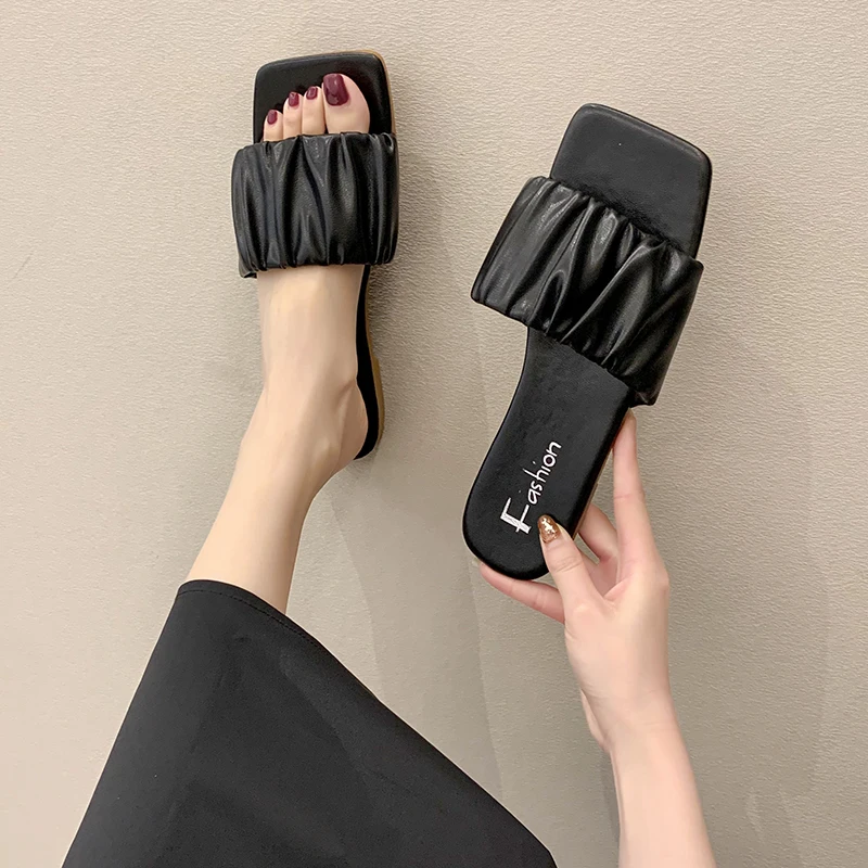 

Female Shoes Ladies' Slippers Summer Clogs Woman Luxury Slides Low 2021 Beach Designer Flat Fabric Rome PU Rubber Basic Flat Sho