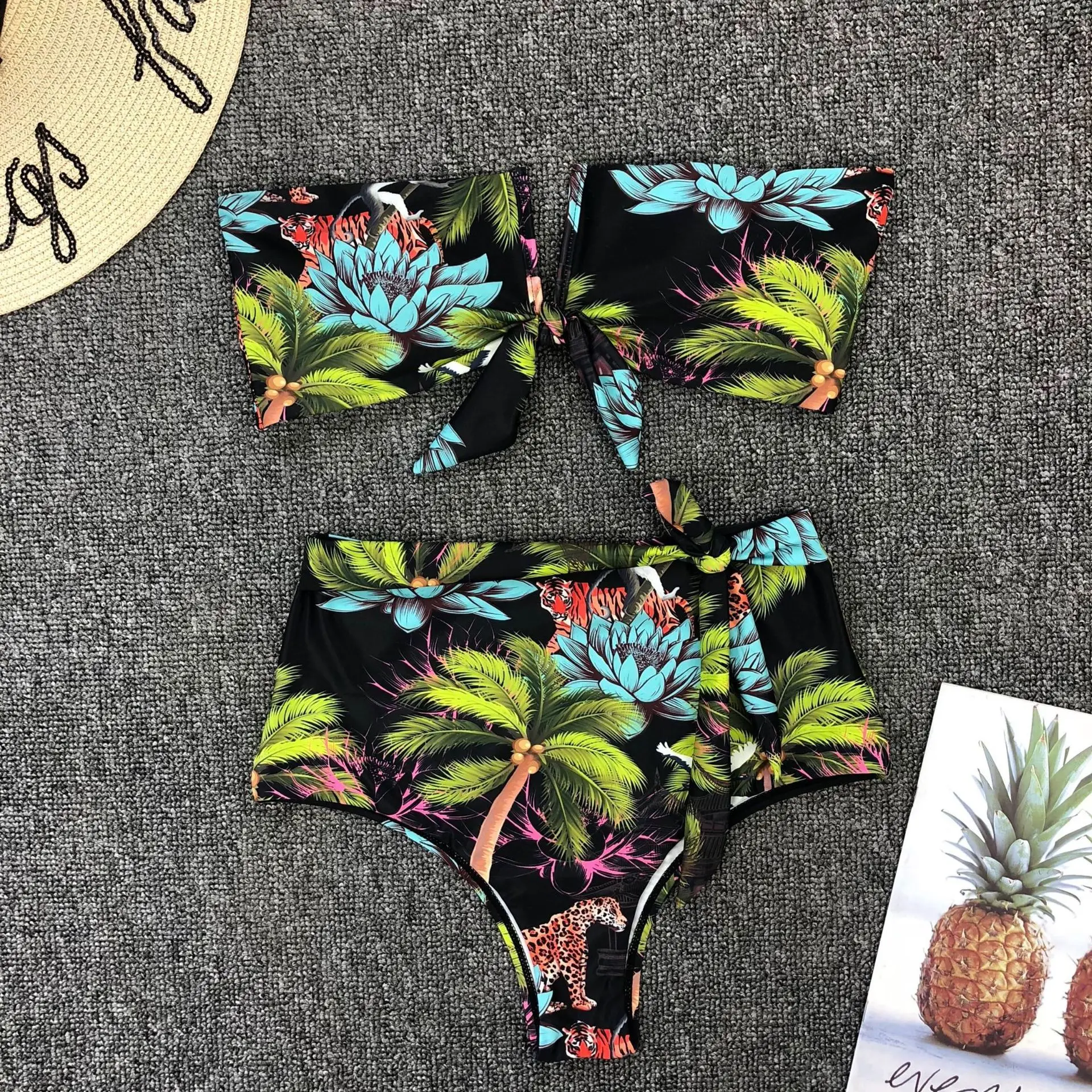

Qeils Printed Bikini Set Bandeau Swimsuit Women 2021 New Summer Leaf Beach Swimwear Girls Fashion Bathing Suit Korean Bikinis