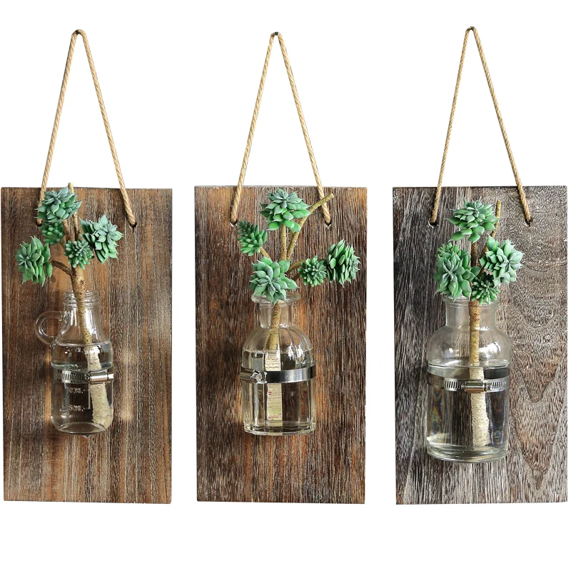 

Creative Glass Wall Vase Vintage Wood Hanging Flower Pot Hydroponic Plant Wall Planter Home Living Room Restaurant Wall Decor