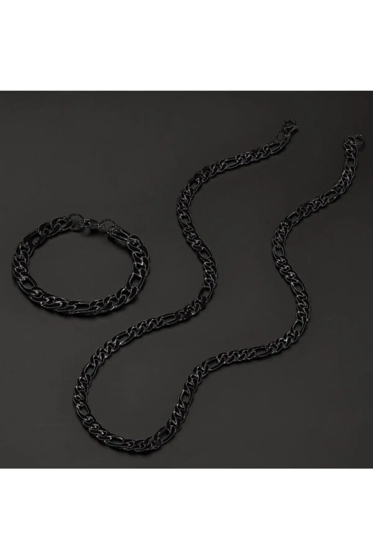 

Figaro avin 3e1 Alloy Mens Bracelet And Necklace Chain Set Black Plated Color
